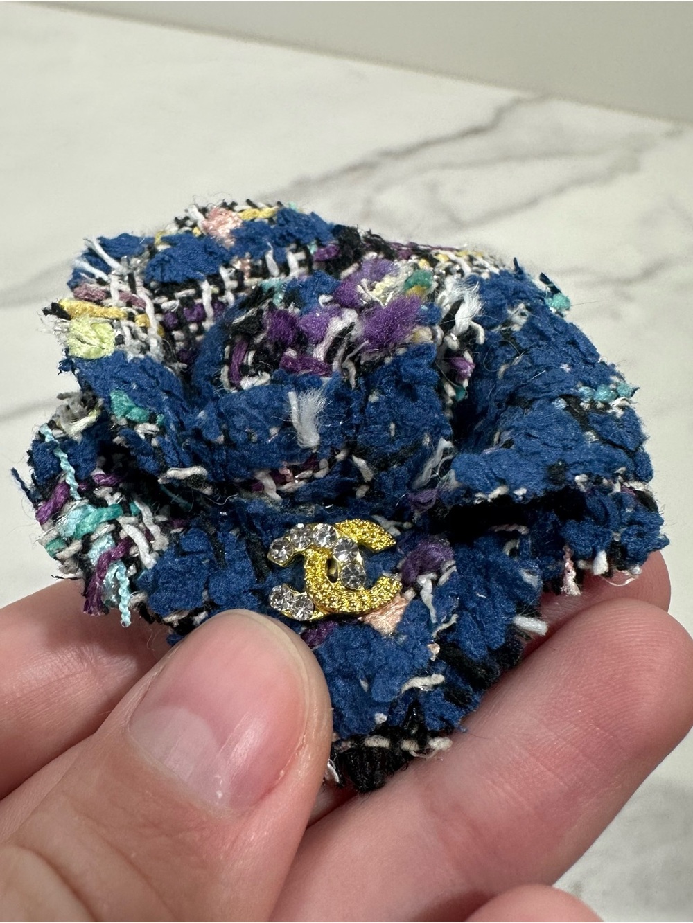 Chanel Navy Tweed Camellia Flower Pin Brooch One Size Rare Designer Luxury Chic